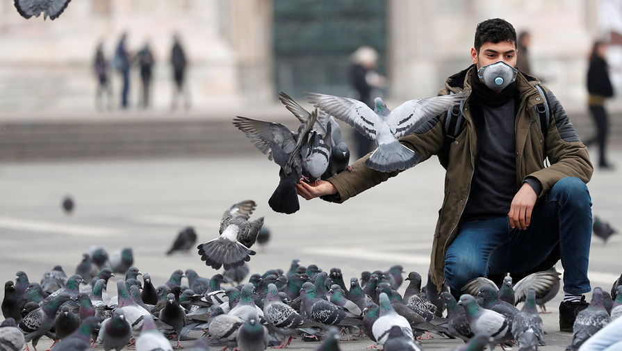 Турист кормит голубей в центре Милана, 25 февраля 2020 года
