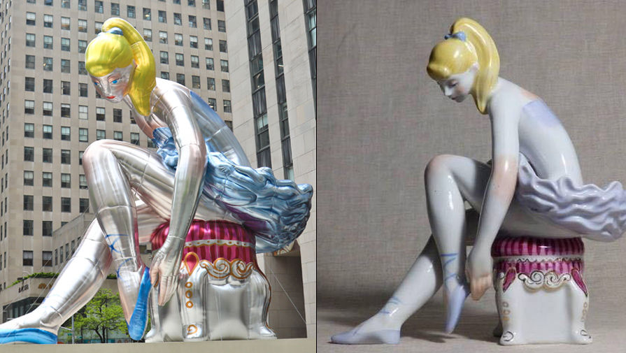 Балерина у Рокфеллер-центра в Нью-Йорке (слева) и статуэтка «Леночка на пуфике» Оксаны Жникруп (справа)