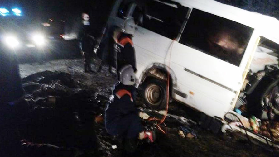 Спасатели на месте столкновения грузового автомобиля и пассажирского микроавтобуса в Килемарском районе республики Марий Эл, 16 ноября 2017 года