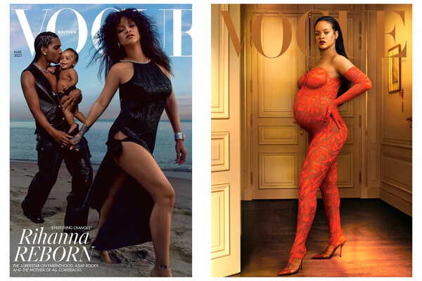 Рианна на&nbsp;обложке Vogue US, май 2022 (справа) и на&nbsp;обложке Vogue UK, март 2023 (слева)