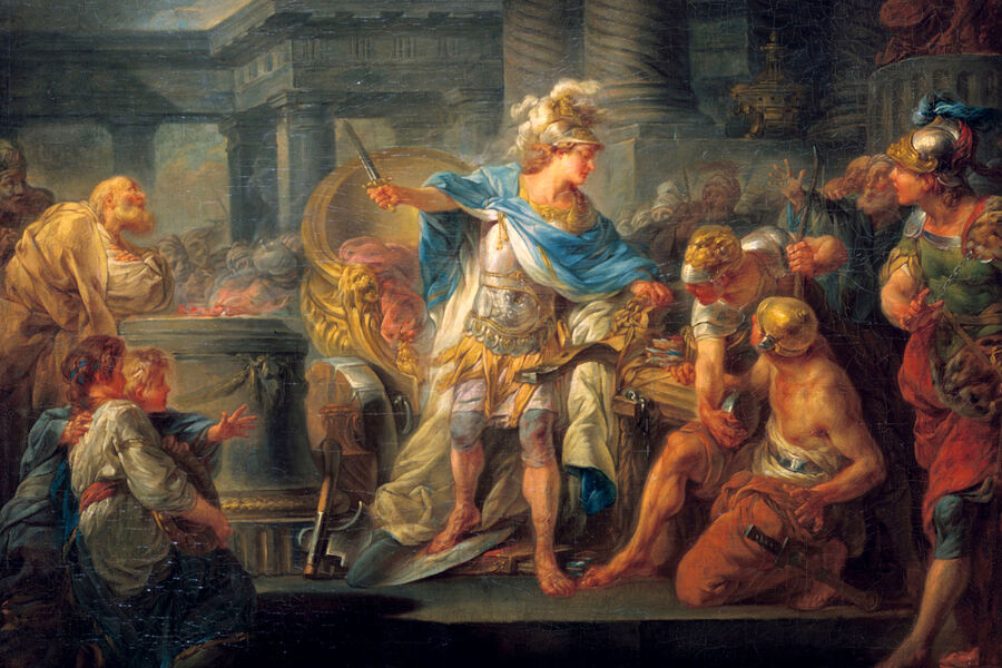 Картина Жана-Симона Бартелеми «Александр Македонский рассекает гордиев узел», 1767 год