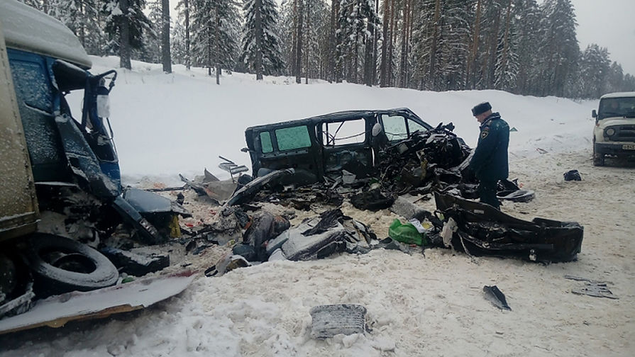Последствия столкновения микроавтобуса с грузовым автомобилем в Ленинградской области, 6 февраля 2018 года