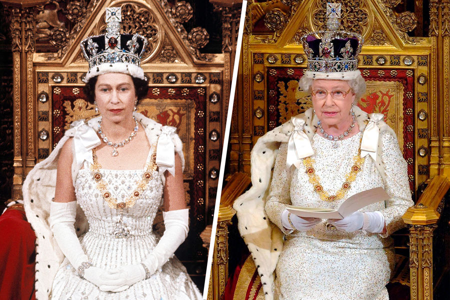 Королева Великобритании Елизавета II в&nbsp;разные годы своего правления, 1966&nbsp;и 2006&nbsp;гг.