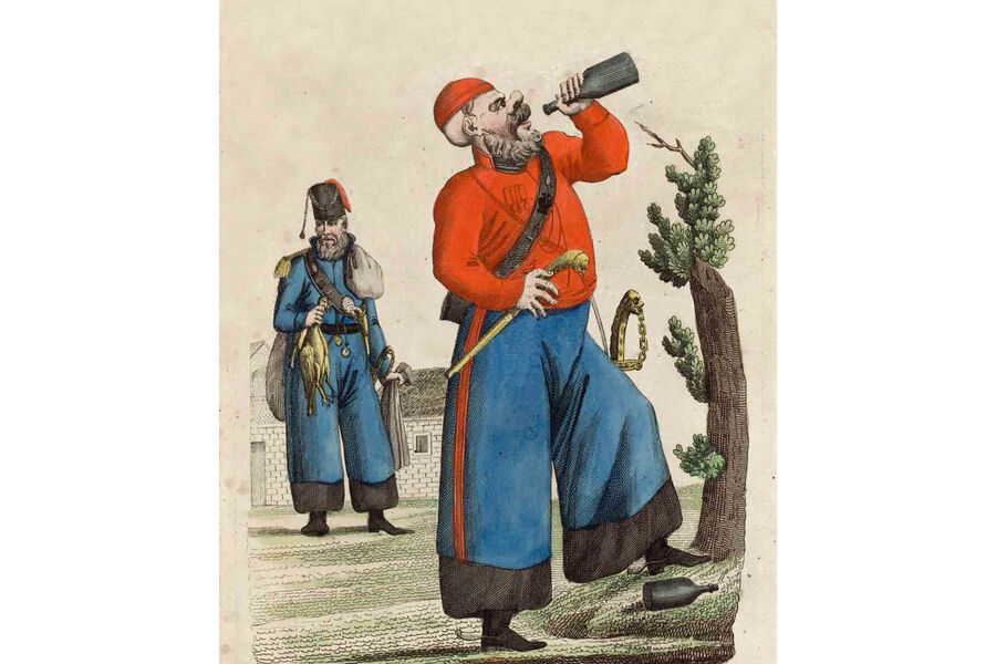 Французская карикатура &laquo;Высшее счастье казака — пить и воровать&raquo;, начало 19-го века