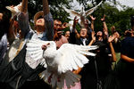 Японцы выпускают в небо голубей как символ мира во время поминальной церемонии в храме Ясукуни в Токио