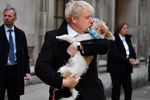 Премьер-министр Великобритании Борис Джонсон со своей собакой Диланом около избирательного участка, 12 декабря 2019 года