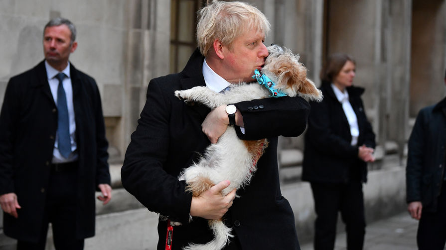 Премьер-министр Великобритании Борис Джонсон со своей собакой Диланом около&nbsp;избирательного участка, 12 декабря 2019 года
