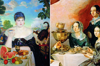 Б.М. Кустодиев. Купчиха за чаем. 1918 год / Т.Е. Мягков. Семейство за чайным столом. 1844 год. Фрагмент