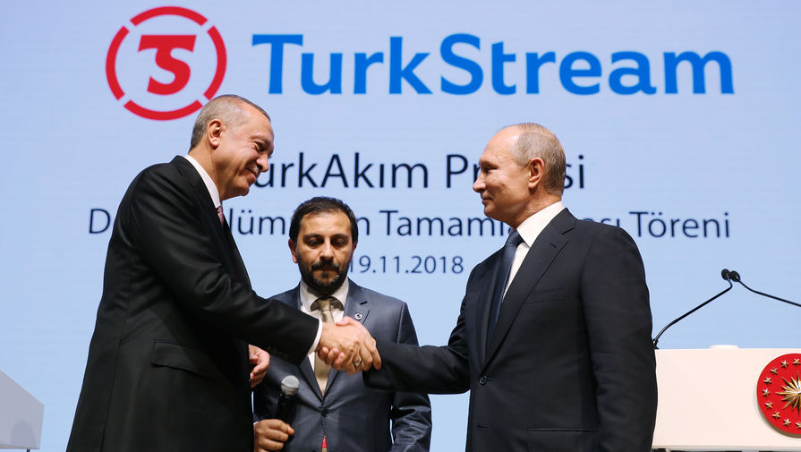 Президент России Владимир Путин и президент Турции Реджеп Тайип Эрдоган принимают участие в церемонии завершения строительства морского участка газопровода «Турецкий поток», ноябрь 2018 года