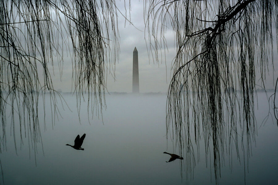 Монумент Вашингтону в&nbsp;тумане над&nbsp;рекой Потомак, Вашингтон, США, 25&nbsp;января 2024&nbsp;года