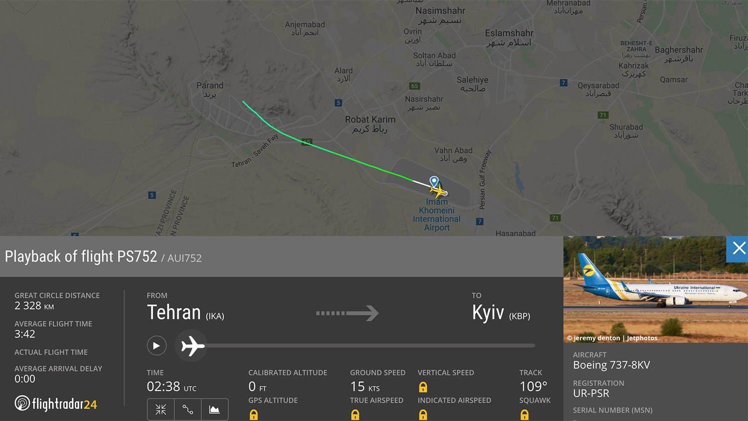 Путь лайнера авиакомпании «Международные авиалинии Украины» Boeing 737 с бортовым номером UR-PSR, следовавшего рейсом PS752 из Тегерана в Киев, 8 января 2020 года