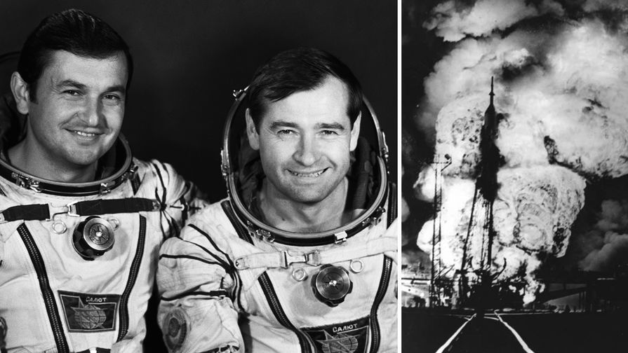 Справа: пожар на старте. В ракете космонавты Владимир Титов (слева) и Геннадий Стрекалов (справа). За мгновенья до того, как экипаж будет спасен благодаря четко сработавшей аварийной системе спасения (САС).