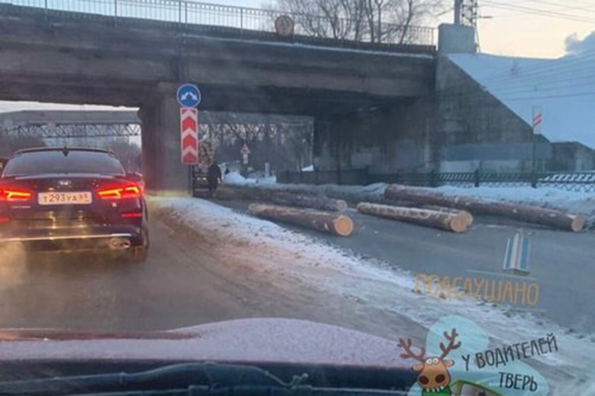 В Твери движение под мостом остановили бревна, которые оставил на дороге  водитель лесовоза - Газета.Ru | Новости