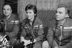 Космонавты Александр Викторенко, Елена Кондакова и Валерий Поляков во время пресс-конференции по окончании работ на станции «Мир», 27 марта 1995 года 