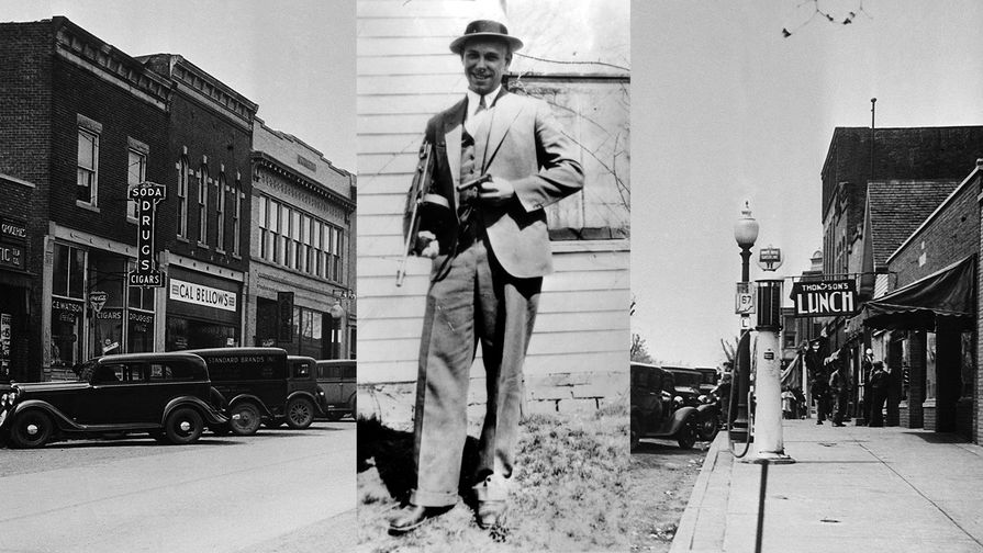 Джон Диллинджер и улица города Мурсвилл в штате Индиана, где он провел детство, 1934 год, коллаж «Газеты.Ru»