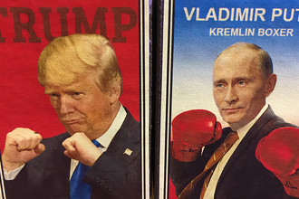 Изображение Дональда Трампа и Владимира Путина на спичечных коробках в сувенирном магазине в Таллине, Эстония