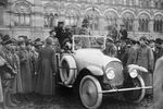 Член Реввоенсовета Красной Армии Климент Ворошилов во время осмотра первого советского автомобиля НАМИ-1 на Красной площади в Москве, 1927 год