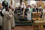 Патриарх Кирилл во время совершения чина заупокойной литии в храме Христа Спасителя по погибшим в метро Санкт–Петербурга, 4 апреля 2017 года
