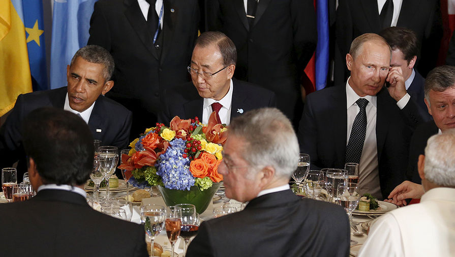 Президент США Барак Обама, генсек ООН Пан Ги Мун и президент России Владимир Путин