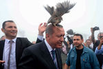 Турецкому президенту Реджепу Тайипу Эрдогану во время торжественной церемонии открытия мечети на голову села куропатка