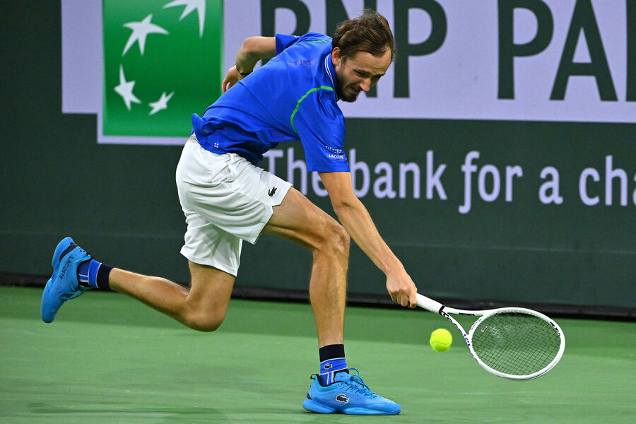 Mar 12, 2023; Indian Wells, CA, USA; Daniil Medvedev (RUS) hits a shot as he defeated Ilya Ivashka in his fourth round match at the BNP Paribas Open at the Indian Wells Tennis Garden. Mandatory Credit: Jayne Kamin-Oncea-USA TODAY Sports