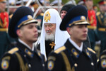 Патриарх Московский и всея Руси Кирилл на военном параде в Москве в честь 79-летия Победы в Великой Отечественной войне, 9 мая 2024 года