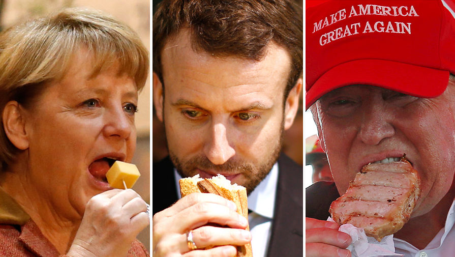 Канцлер ФРГ Ангела Меркель с сыром, президент Франции Эммануэль Макрон с багетом и президент США Дональд Трамп с отбивной, коллаж «Газеты.Ru»