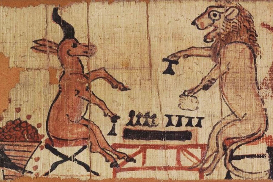 Фрагмент древнеегипетского папируса периода Рамессидов (1250–1150 гг. до н. э.), на котором лев и газель играют в настольную игру