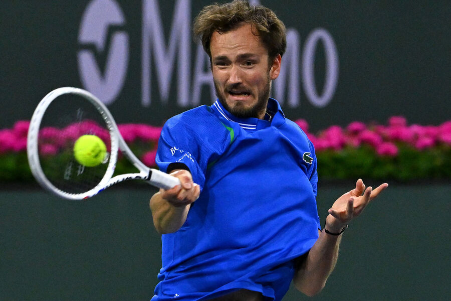 Mar 12, 2023; Indian Wells, CA, USA; Daniil Medvedev (RUS) hits a shot as he defeated Ilya Ivashka in his fourth round match at the BNP Paribas Open at the Indian Wells Tennis Garden. Mandatory Credit: Jayne Kamin-Oncea-USA TODAY Sports