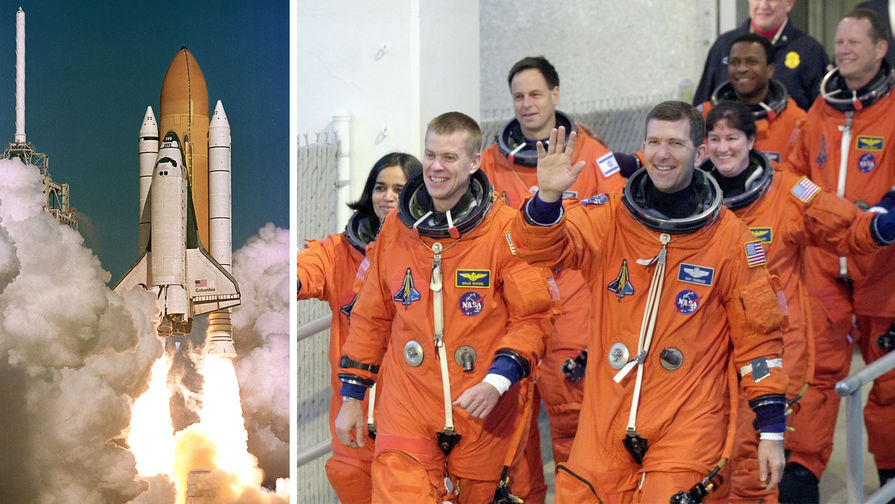 Старт шаттла &laquo;Колумбия&raquo; с&nbsp;мыса Канаверал и экипаж челнока перед&nbsp;запуском, 16 января 2003 года