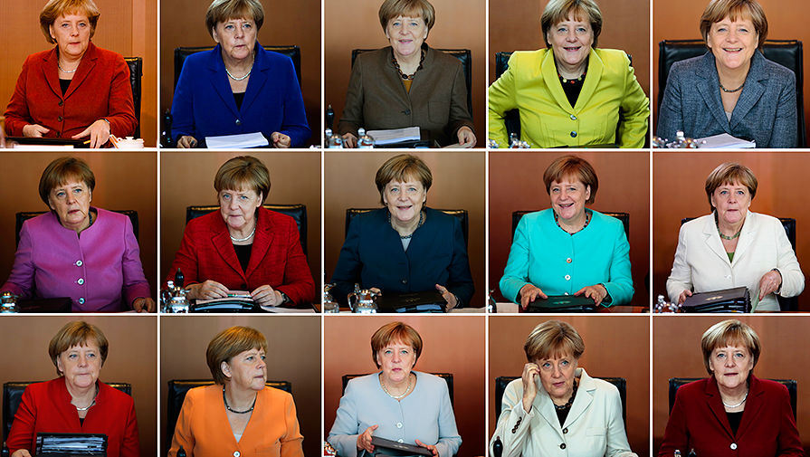 Коллаж из&nbsp;фотографий Ангелы Меркель, сделанных в&nbsp;ходе еженедельных заседаний кабинета министров ФРГ, 2009 год