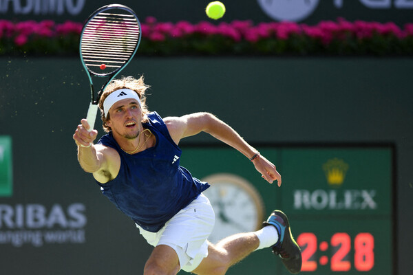 Mar 12, 2023; Indian Wells, CA, USA; Alexander Zverev (GER) hits a forehand during his third round match against Emil Ruusuvuori (FIN) during the BNP Paribas Open at Indian Wells Tennis Garden. Mandatory Credit: Jonathan Hui-USA TODAY Sports
