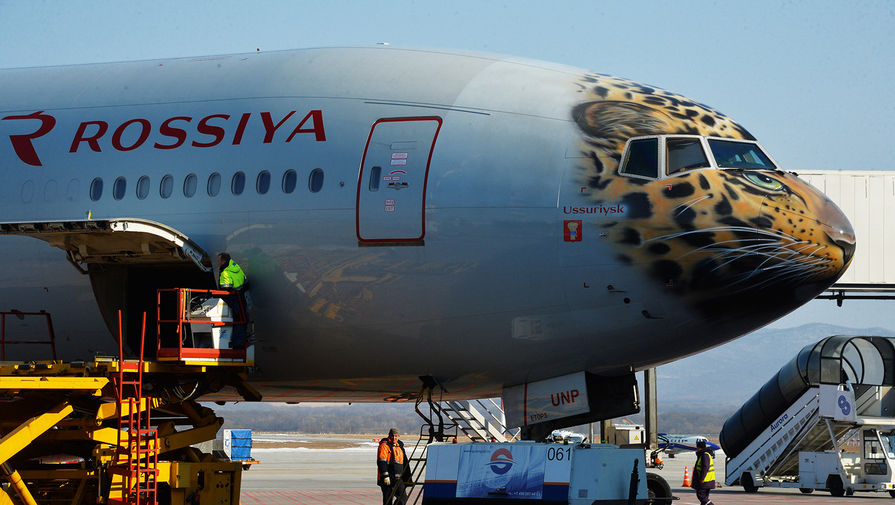 Самолет авиакомпании &laquo;Россия&raquo; с&nbsp;изображением на&nbsp;носовой части дальневосточного леопарда в&nbsp;аэропорту Владивостока