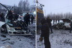 Последствия столкновения легковой машины с самосвалом «БелАЗ» в Кемеровской области, 20 февраля 2018 года. Коллаж