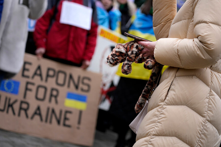 Участник акции в поддержку Украины держит мягкую игрушку с леопардом в Брюсселе, 23 января 2023 года
