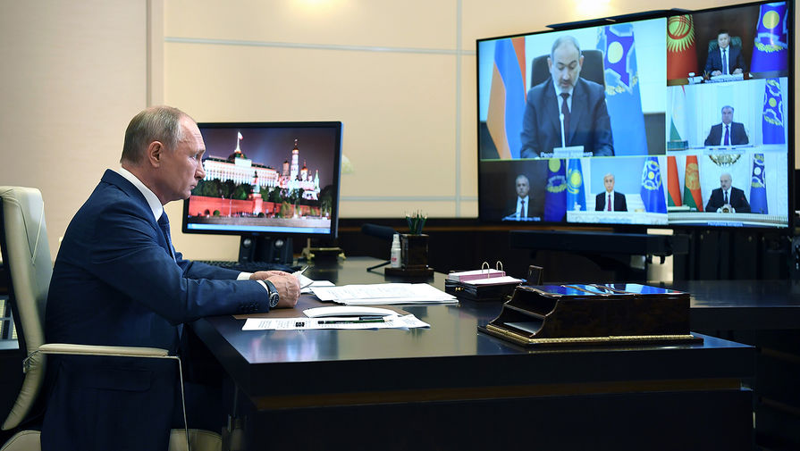 Президент России Владимир Путин проводит сессию Совета коллективной безопасности Организации Договора о коллективной безопасности (ОДКБ) в режиме видеоконференции, 2 декабря 2020 года