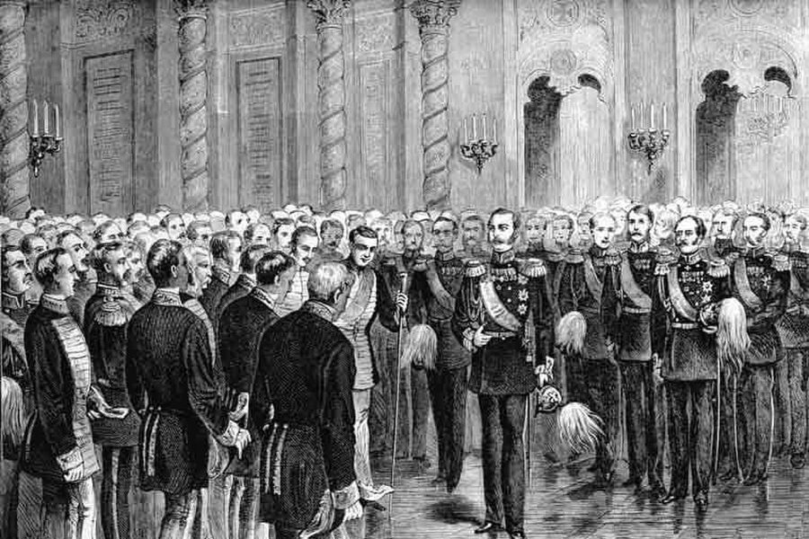 Александр II призывает московских дворян приступить к освобождению крестьянства. Гравюра. Начало 1880-х гг.