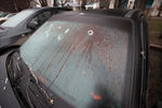 Следы от пуль и кровь на лобовом стекле автомобиля в центре Алма-Аты, 10 января 2022 года