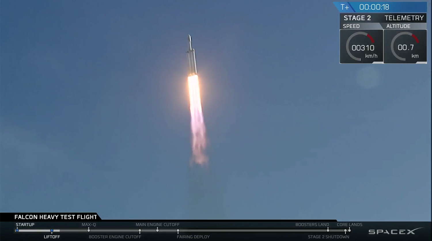 Во время запуска ракеты-носителя Falcon Heavy компании Илона Маска SpaceX с мыса Канаверал во Флориде, 6 февраля 2018 года