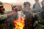 Бойцы отряда народного ополчения «Соколы пустыни» сжигают флаг, снятый с отбитой у боевиков цитадели Пальмира