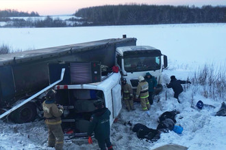 Ситуация на месте ДТП с микроавтобусом и фурой на 1545-м километре федеральной автодороги М-5, 27 февраля 2018 года