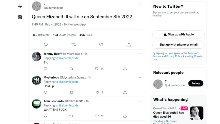 В Twitter нашли февральский пост с предсказанием точной даты смерти Елизаветы II