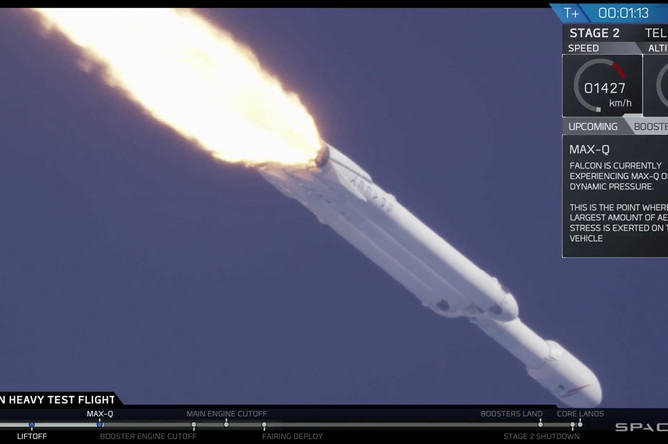 Во время запуска ракеты-носителя Falcon Heavy компании Илона Маска SpaceX с мыса Канаверал во Флориде, 6 февраля 2018 года