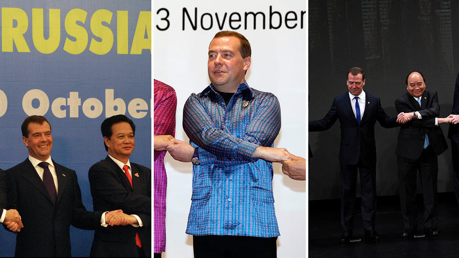 Дмитрий Медведев во время рукопожатия на&nbsp;церемонии открытия саммитов АСЕАН в&nbsp;2010, 2014&nbsp;и 2017&nbsp;годах, коллаж