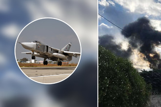 Российский бомбардировщик Су-24 на авиабазе «Хмеймим» в Сирии и последствия крушения аналогичного самолета, 10 октября 2017 года, коллаж «Газеты.Ru»