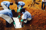 Волонтеры в Сьерра-Леоне хоронят погибшего от лихорадки Эбола мужчину, предварительно убедившись, что его тело не представляет опасности для окружающих