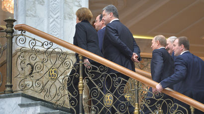 11 февраля 2015. Канцлер Германии Ангела Меркель, президент Франции Франсуа Олланд, президент...