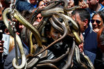 Змеи на статуе Святого Доменико во время шествия в Кокулло, Италия, май 2017 года