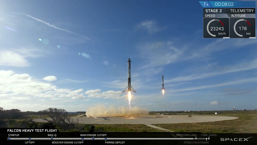 Во время запуска ракеты-носителя Falcon Heavy компании Илона Маска SpaceX с мыса Канаверал во Флориде, 6 февраля 2018 года