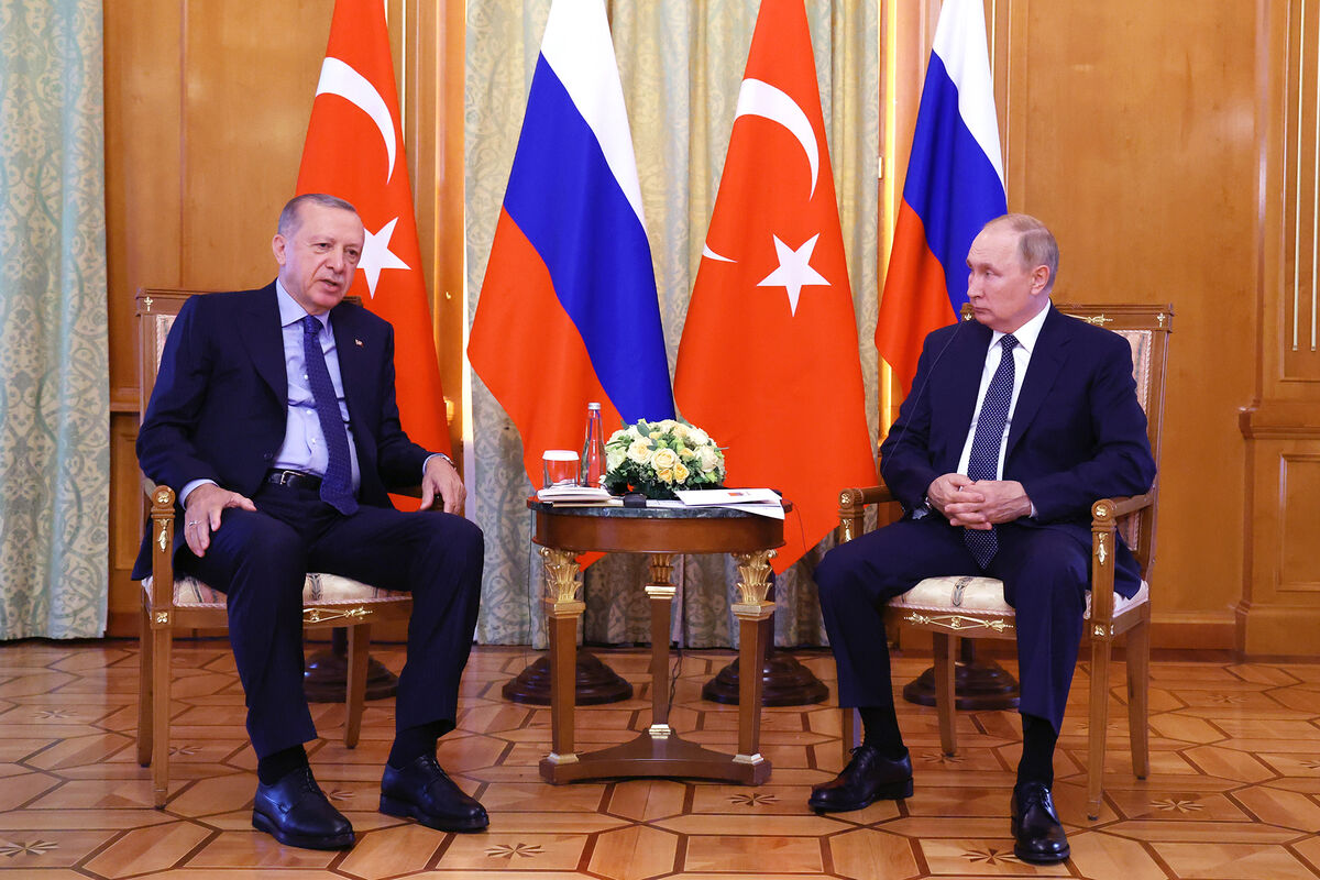 Президент РФ Владимир Путин и президент Турции Реджеп Тайип Эрдоган (слева) во время встречи в Сочи, 5 августа 2022 года
